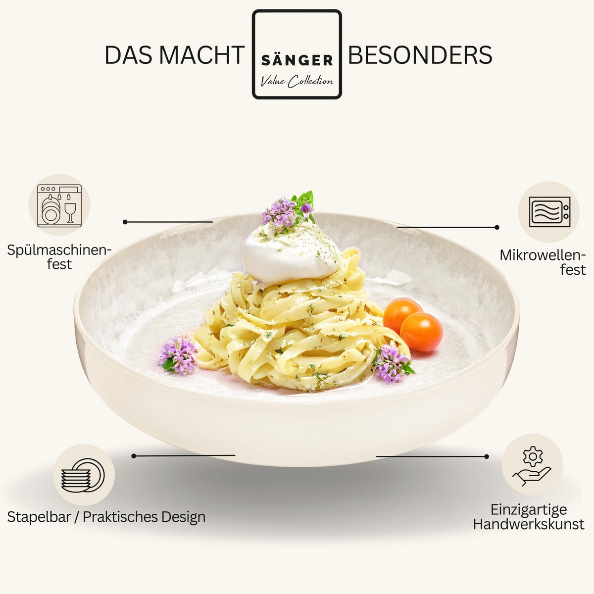 PASTASCHALEN SET KEY WEST - 6 teilig aus Steingut - Creme, Stein (22.2cm) - Sänger