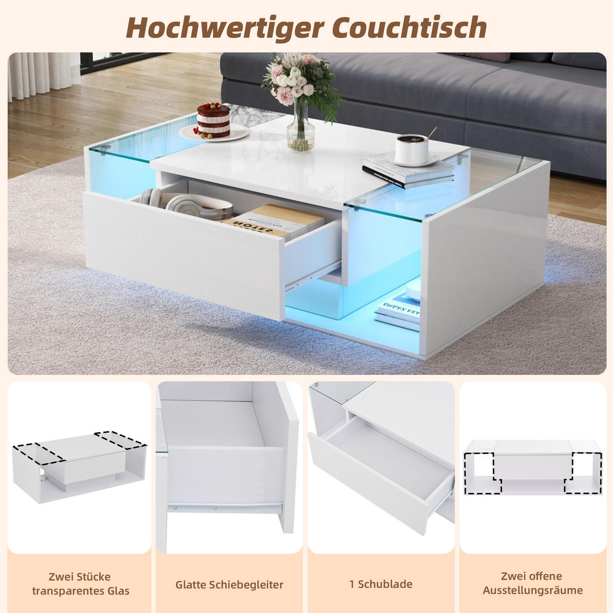 COUCHTISCH 100/50/31 cm mit 1 Schublade und LED-Beleuchtung weiß - Weiß, Holzwerkstoff (100/50/31cm) - OKWISH