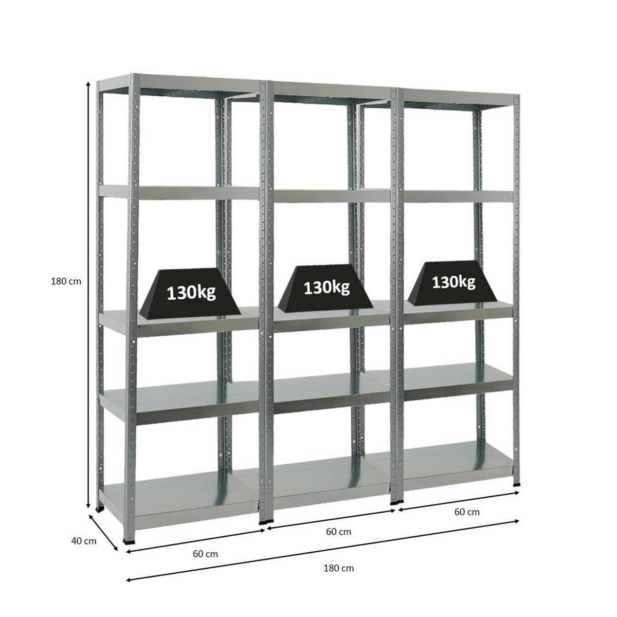 SCHWERLASTREGAL Steel Eagle 3er-Set mit 3x 180x60x40 cm Fachlast 130 kg Verzinkt - Silberfarben, Metall (180/180/40cm) - PROREGAL