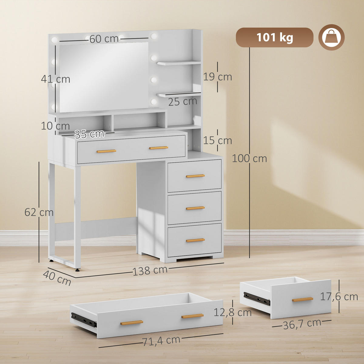 SCHMINKTISCH DE-18300 Weiß - Weiß, Holzwerkstoff (40/138/100cm) - ComfortXL