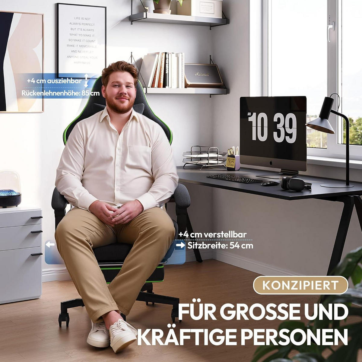 GAMING Stuhl Schwarz & Grün Übergröße mit Fußstütze - Multicolor, Textil (63/26.5/84cm)