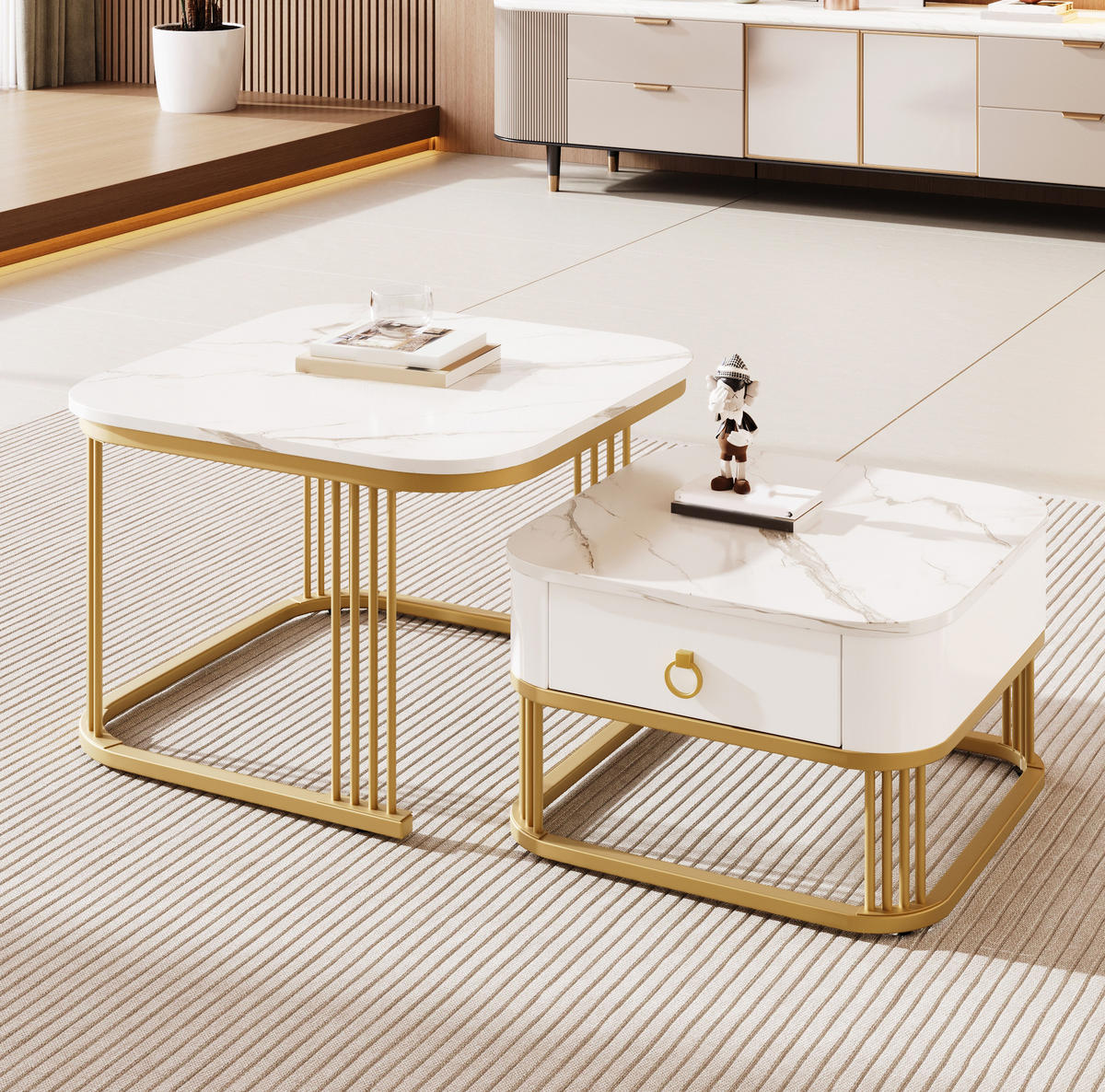 COUCHTISCH verschachtelbar 60 x 60 cm MDF Weiß-Gold 2er-Set - Weiß, Metall (60/60/45cm) - Meubliv