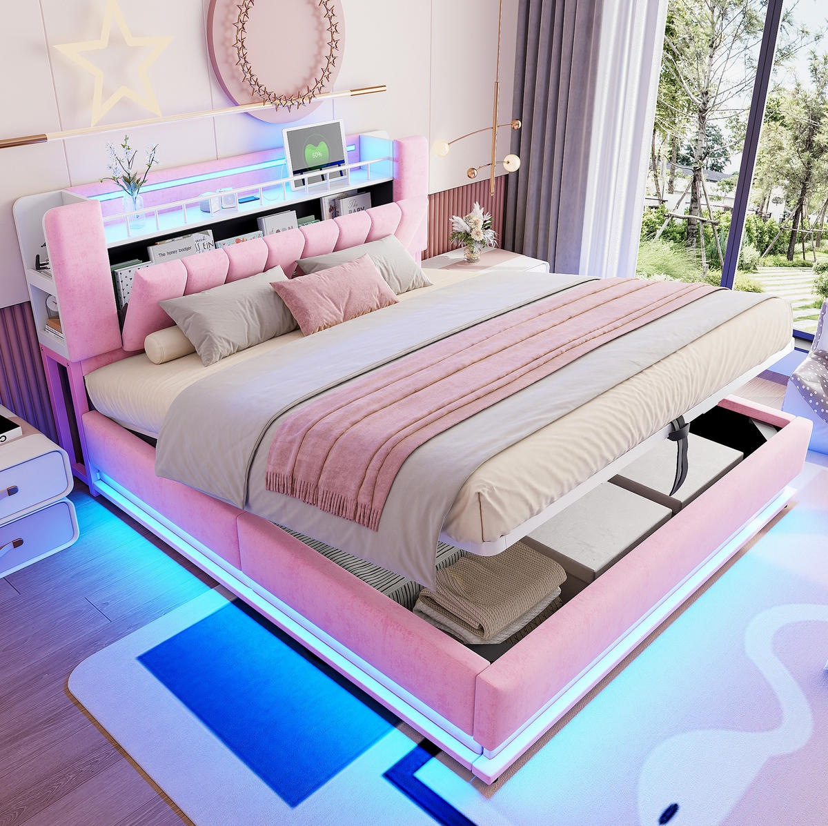 POLSTERBETT mit LED und Stauraum 180x200 cm Samt Rosa - Pink, Metall (180/200cm) - Meubliv