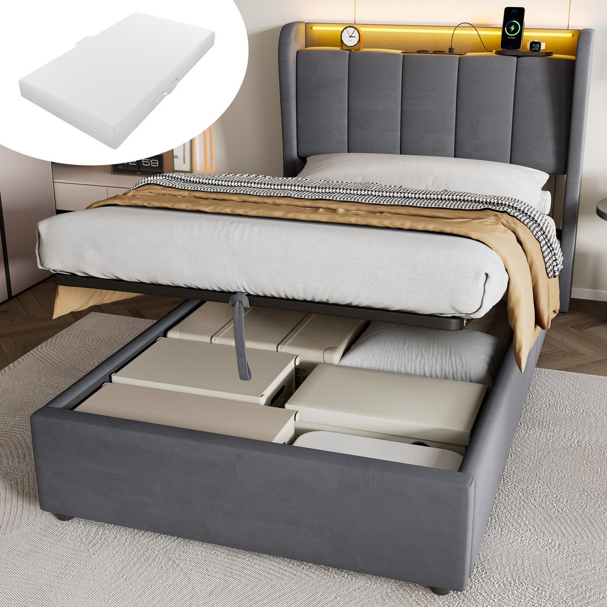 POLSTERBETT 90×200 mit Bettkasten und Matratze,Dunkelgrau - Grau, Holzwerkstoff/Textil (90/200cm) - EVRYAE