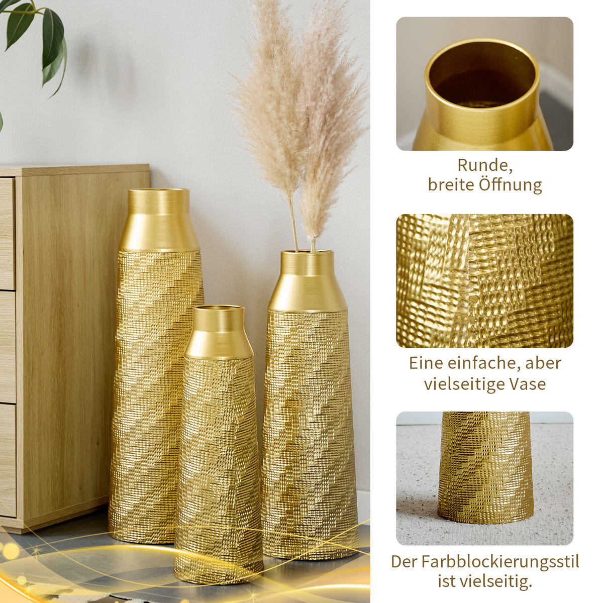 BODENVASE 3-tlg Metallvase Gold 43,5-61cm-Bodenvase mit Textur für Trockenblumen - Weiß, Metall (66.51cm) - Raelunyi
