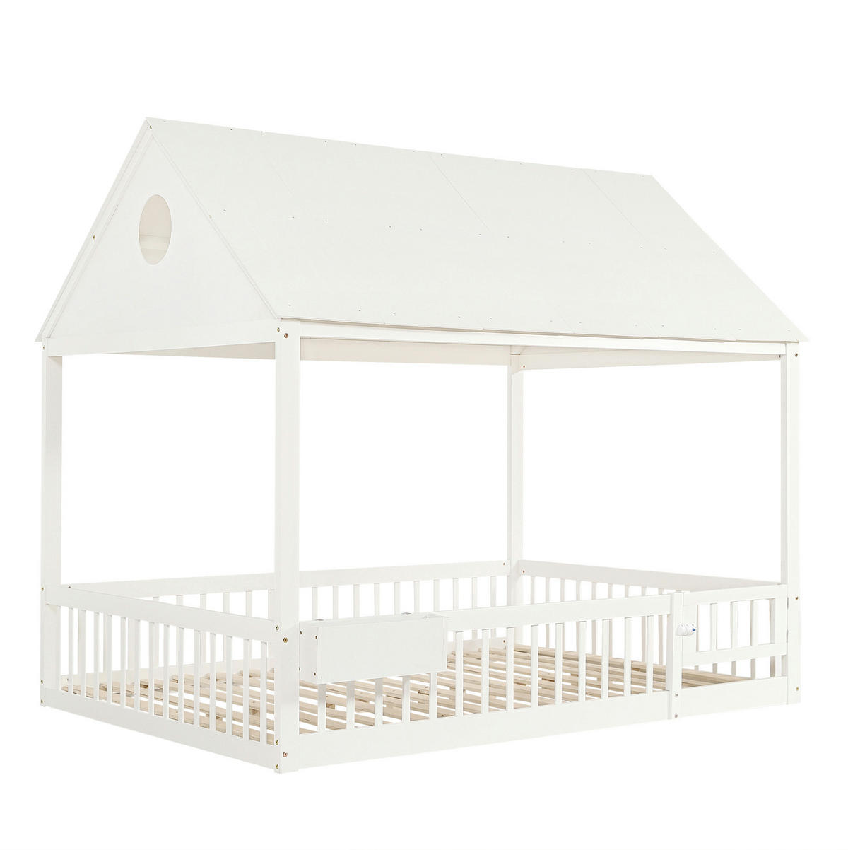 HAUSBETT aus Kiefer und MDF 140x200 cm Weiß mit Stauraumfach, Vorhängen und Dachdetails - Weiß, Holzwerkstoff (140/200cm) - Modfu