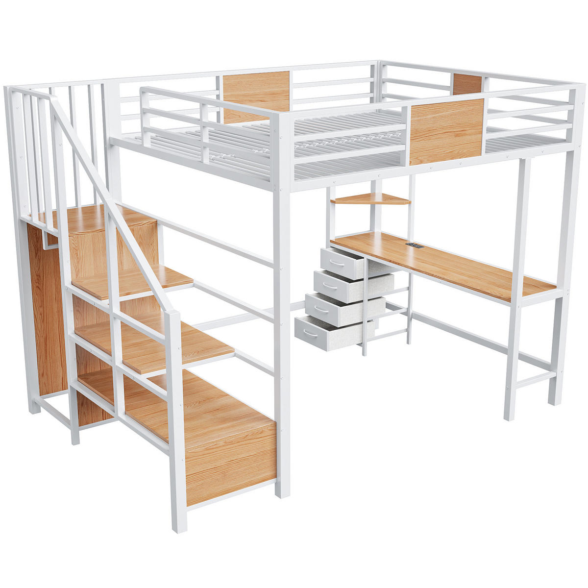 HOCHBETT 140/200 cm in Weiß mit Schreibtisch, Ablagefächern, Kleiderstange, LED und Steckdose - Weiß, Holzwerkstoff/Metall (140/200cm) - CHICFURN