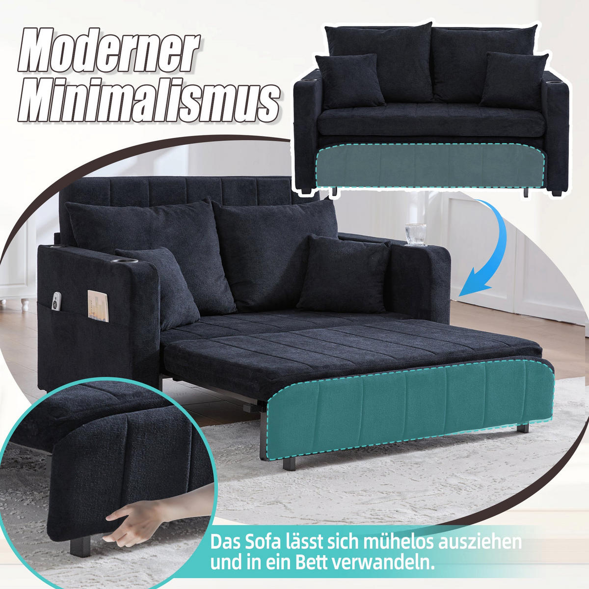 SCHLAFSOFA aus chenille mit bettfunktion, usb-anschluss & becherhaltern - Schwarz, Textil (139/83/73cm) - Urban Meuble