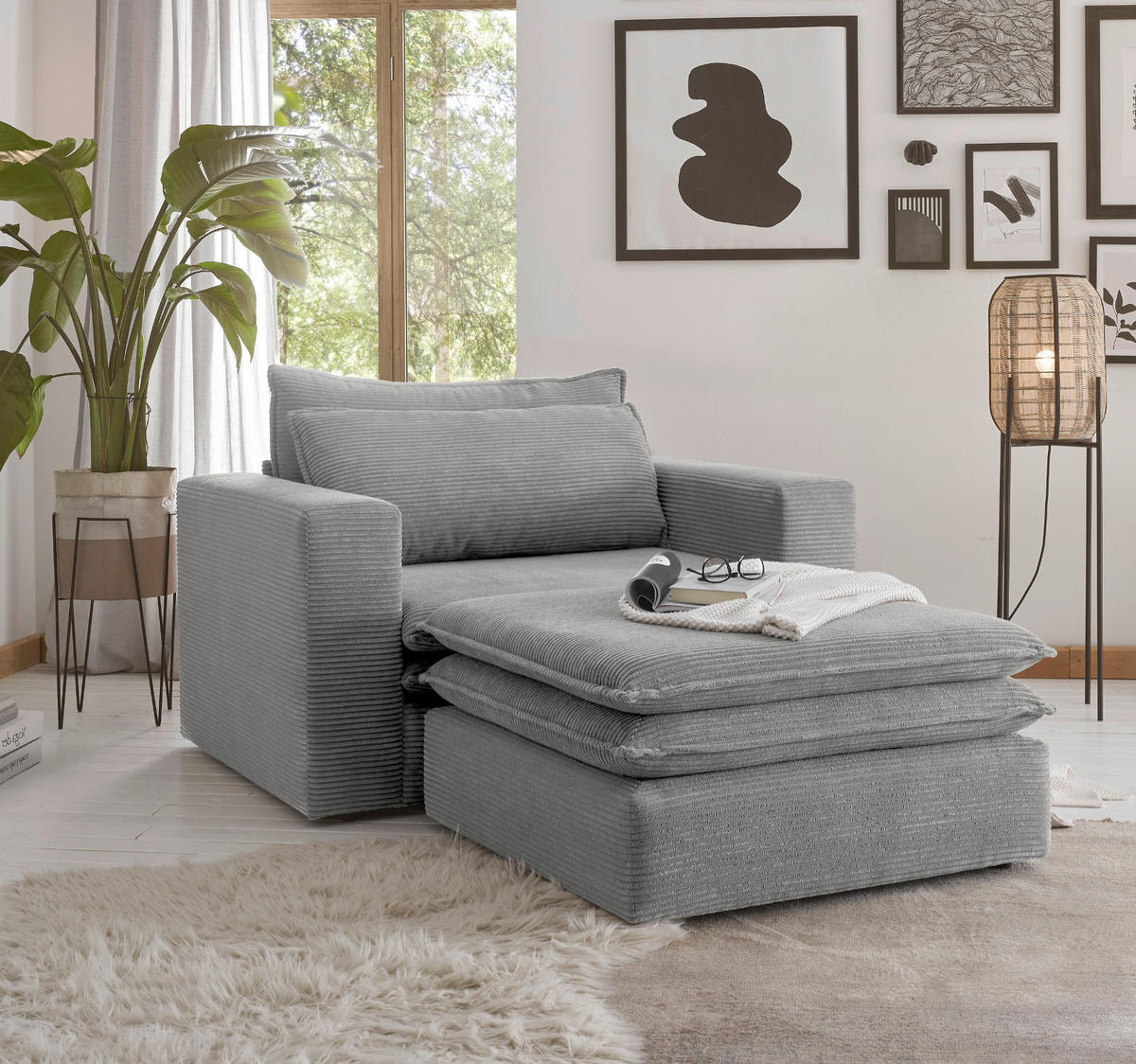 LOVESEAT Set hellgrau Cord, Loungesessel inklusive Hocker - Beige/Hellgrau, Holz/Kunststoff (110/83/161cm) - Furn.Design
