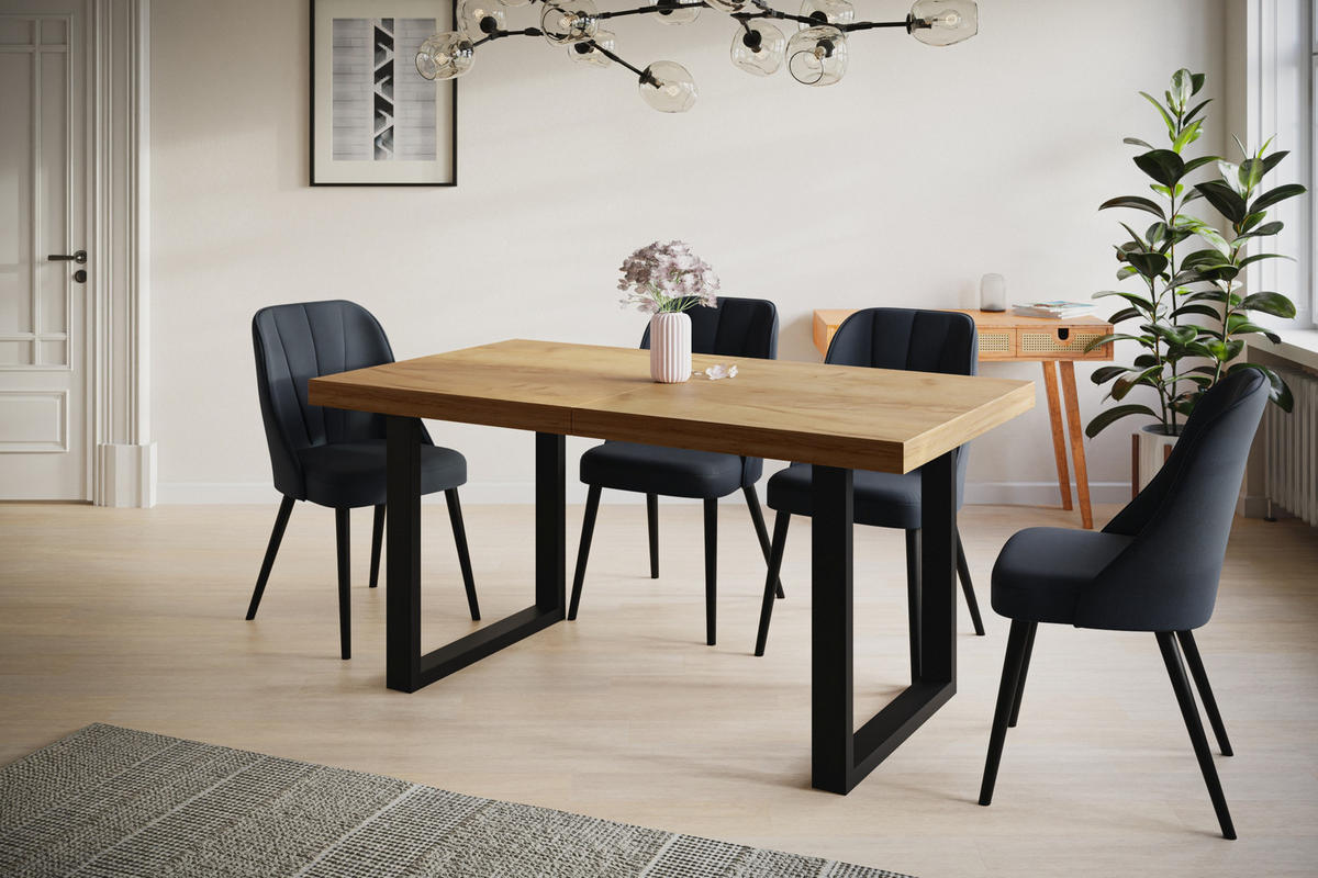 ESSZIMMERTISCH LOFT-U, ausziehbarer Tisch 120-220X80X77 cm, Farbe: CRAFT, mit Metallbeinen in Farbe Schwarz - Schwarz/Braun, Holzwerkstoff (120/80/77cm) - Alpi-Möbel