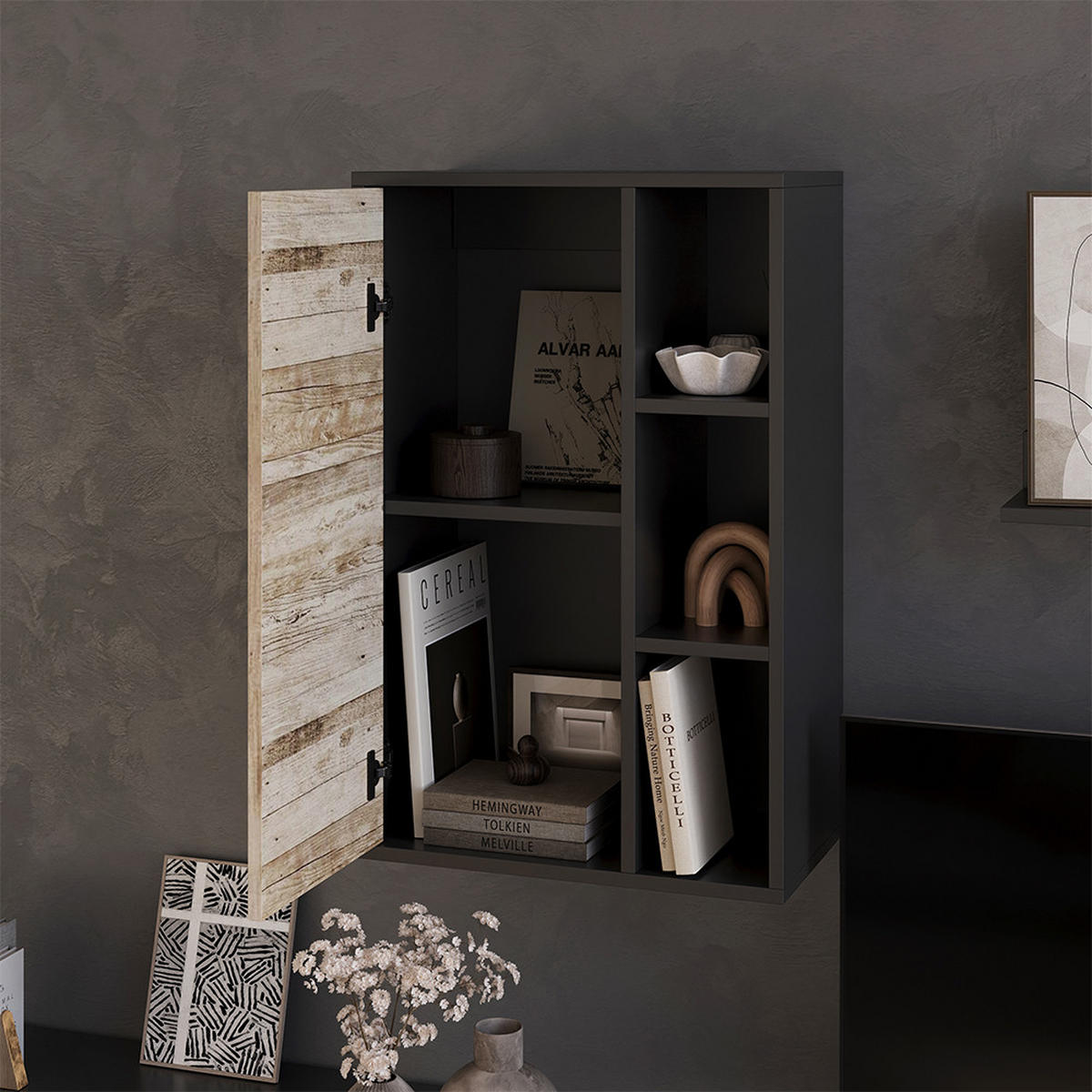 STĚNOVÁ POLICE Berno Černý/pískový dub - černá/Sonoma dub, kompozitní dřevo (50.1/78.4/28.3cm) - Vicco