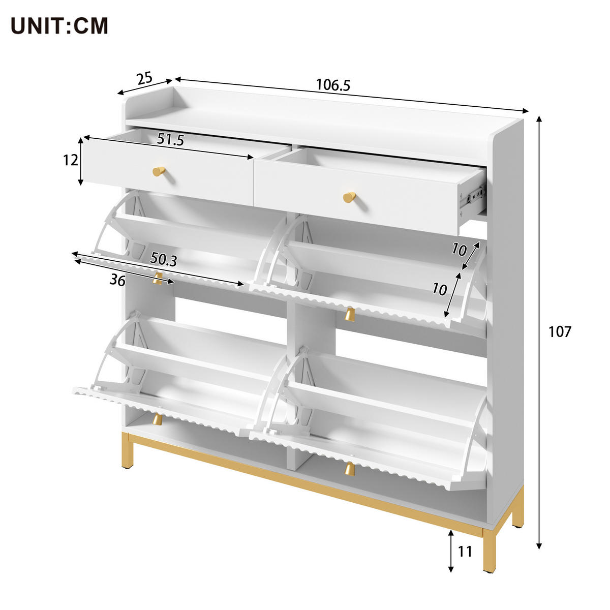 SCHUHSCHRANK 106.5x25x107cm Weiß mit 4 Klappen, 2 Schubl. - Weiß, Holzwerkstoff (106.5/107/25cm) - FLIEKS
