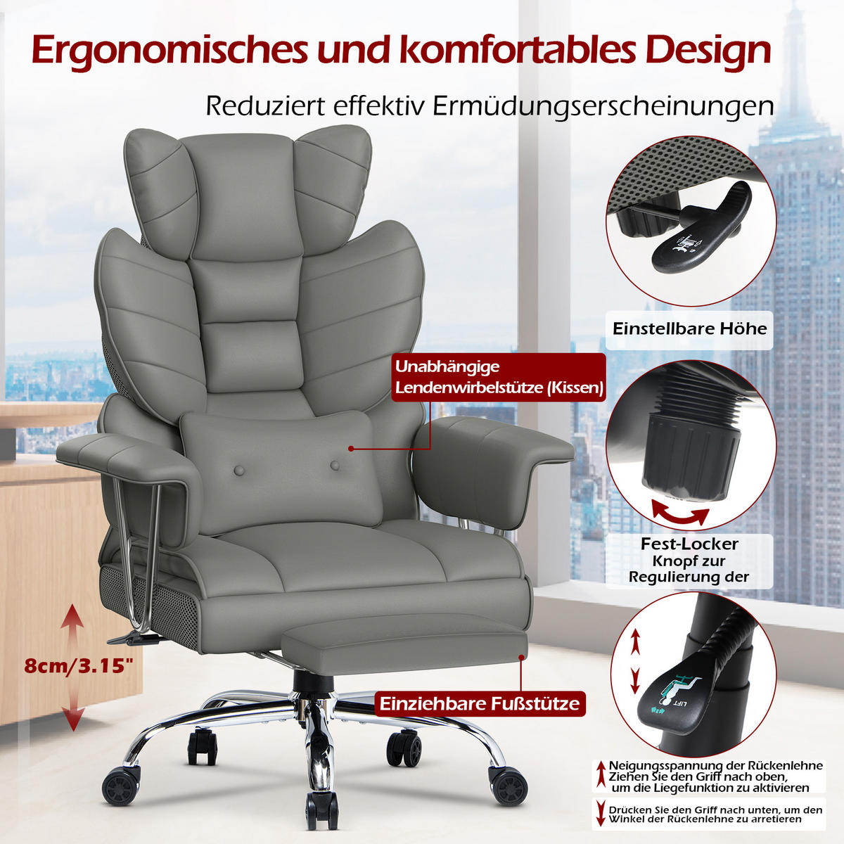 CHEFSESSEL ergonomisch, Leder, Fußstütze – Grau - Grau, Metall (58/128/50cm) - Rattantree