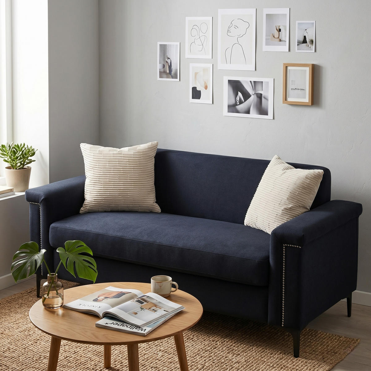 SOFA 2-Sitzer 172 x 72 x 82 cm Leinenstoff Schwarz - Schwarz, Holz (73.5/81.5/172cm) - Meubliv