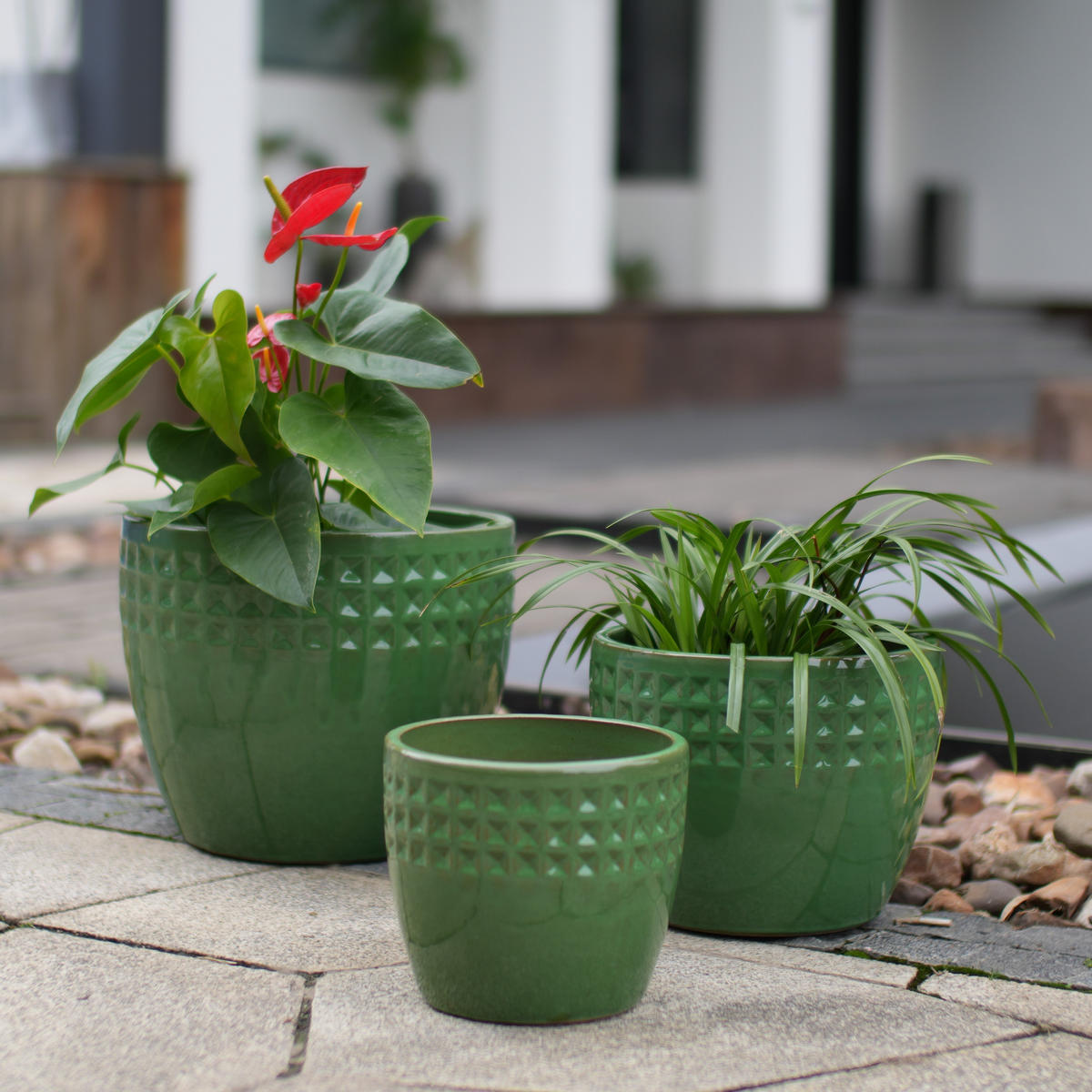 PFLANZTOPF Grün Ø 38/30/23 cm, 3er Set, Keramik, Rautenmuster - Grün, Keramik (32cm) - PANGIVO