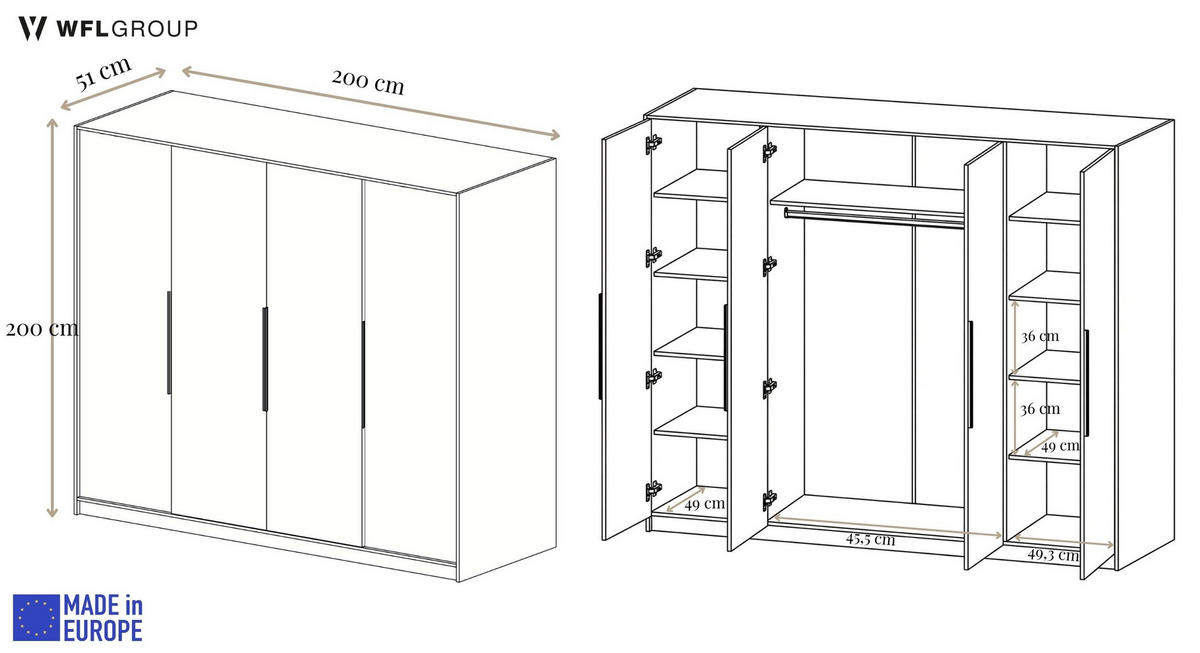 KLEIDERSCHRANK Mono Lux mit Speigel, Drehtüren mit Goldene Metallgriffe, Schwarz 200/200/51 cm - Schwarz, Holzwerkstoff (200/200/51cm) - WFL GROUP