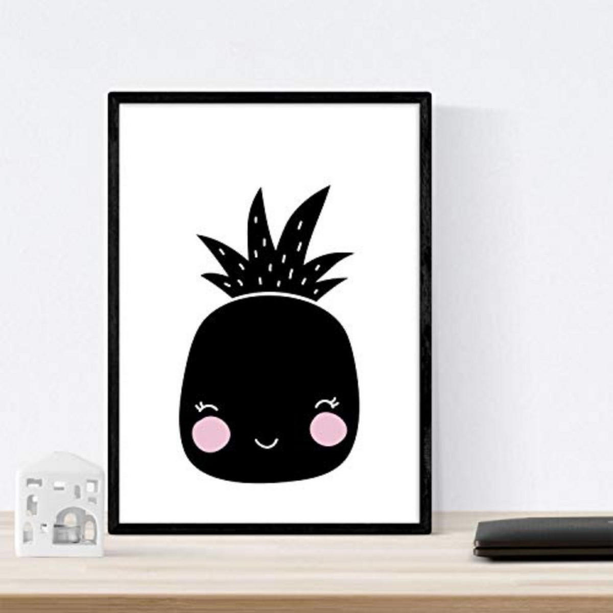 POSTER Set mit 4 von Cactus, Wal, Ananas und Wolke A3 Schwarzer Rahmen - Schwarz, Papier (29.7/3cm) - Nacnic