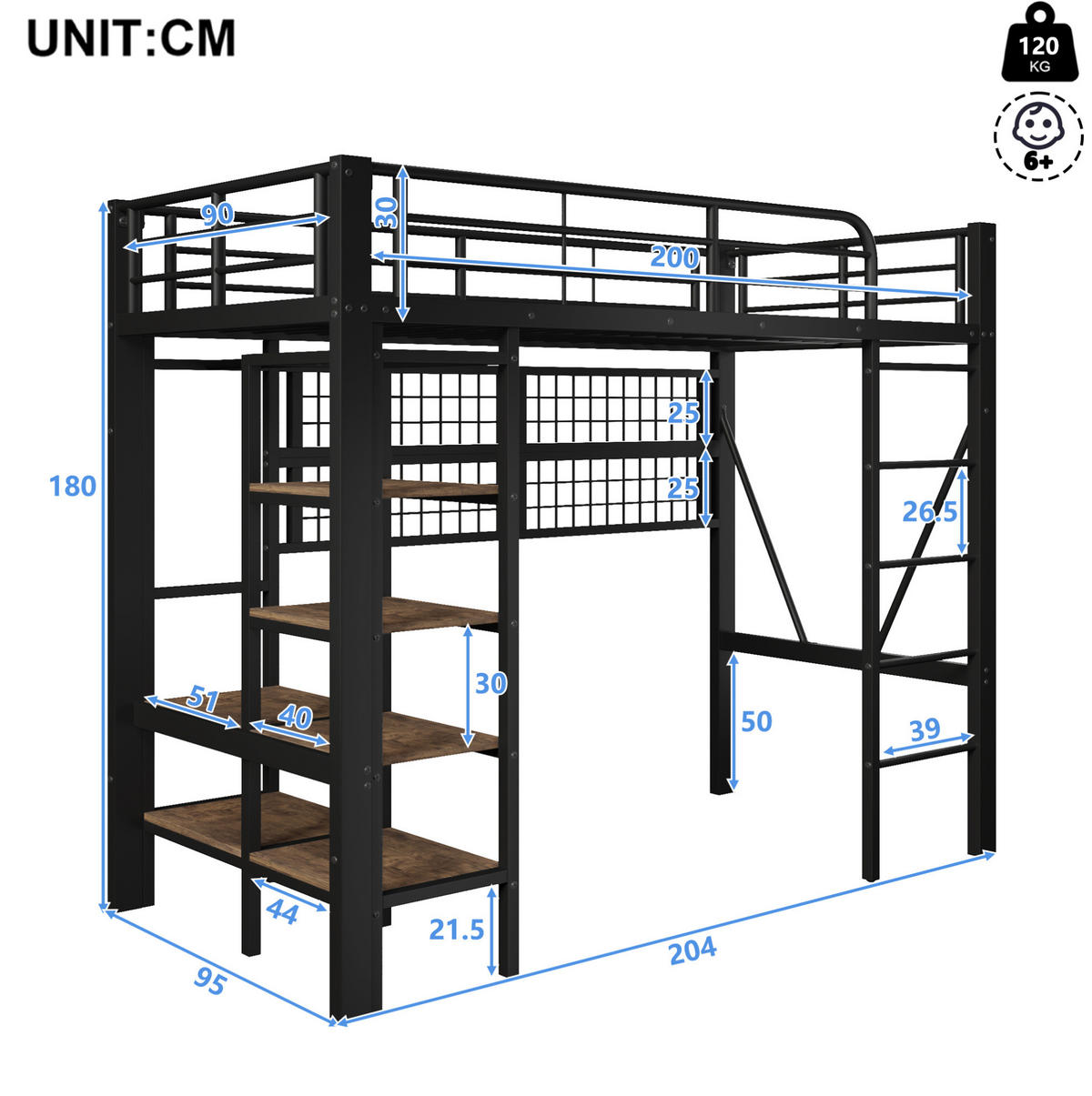 HOCHBETT aus Metall und MDF 90x200 cm Schwarz mit LED-Lichtleiste, Ablagefach und Hängenetz - Schwarz, Metall (90/200cm) - IVMEU