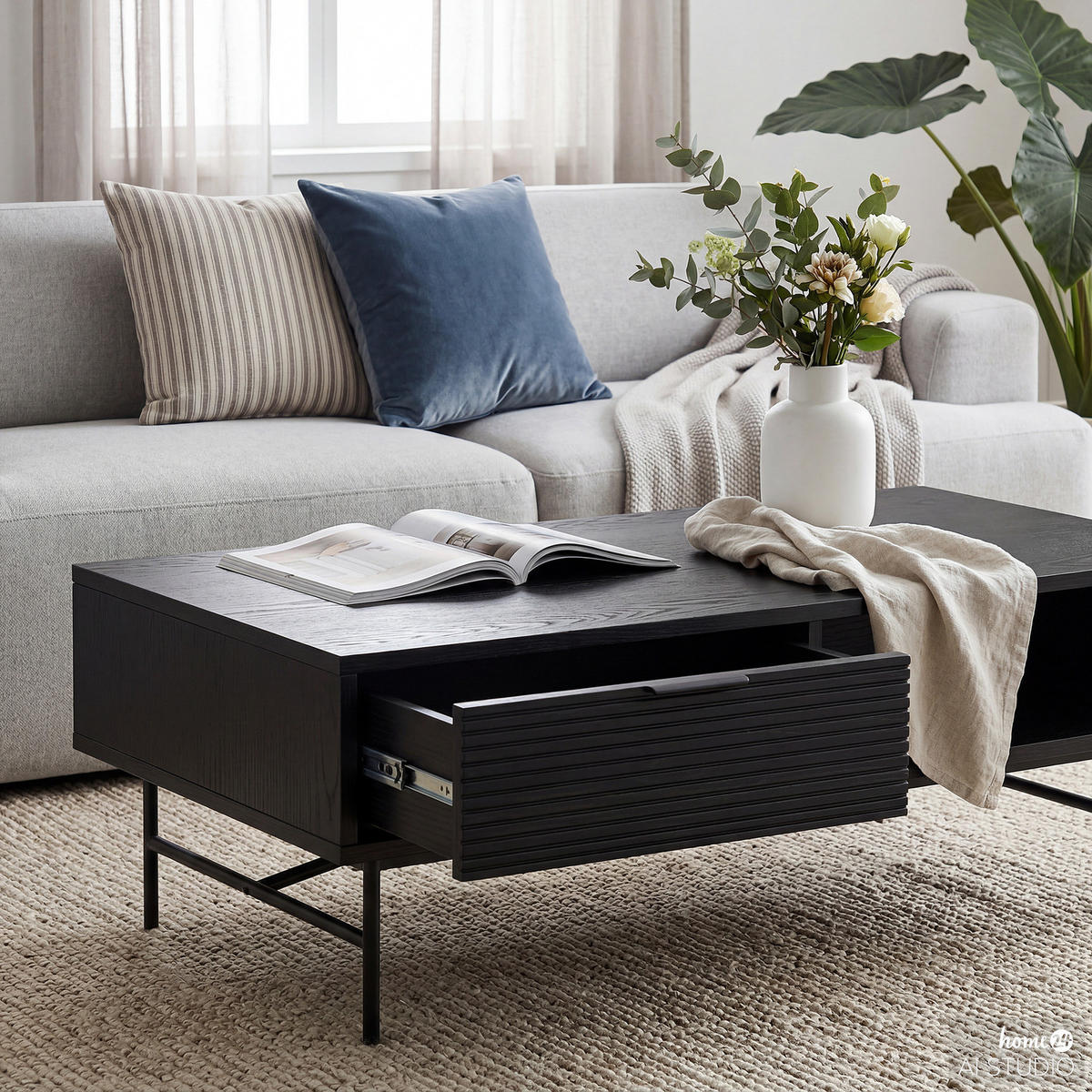 COUCHTISCH - Echtholzfurnier - Eichefarben/Schwarz, Holzwerkstoff/Metall (60/120/40cm) - home24