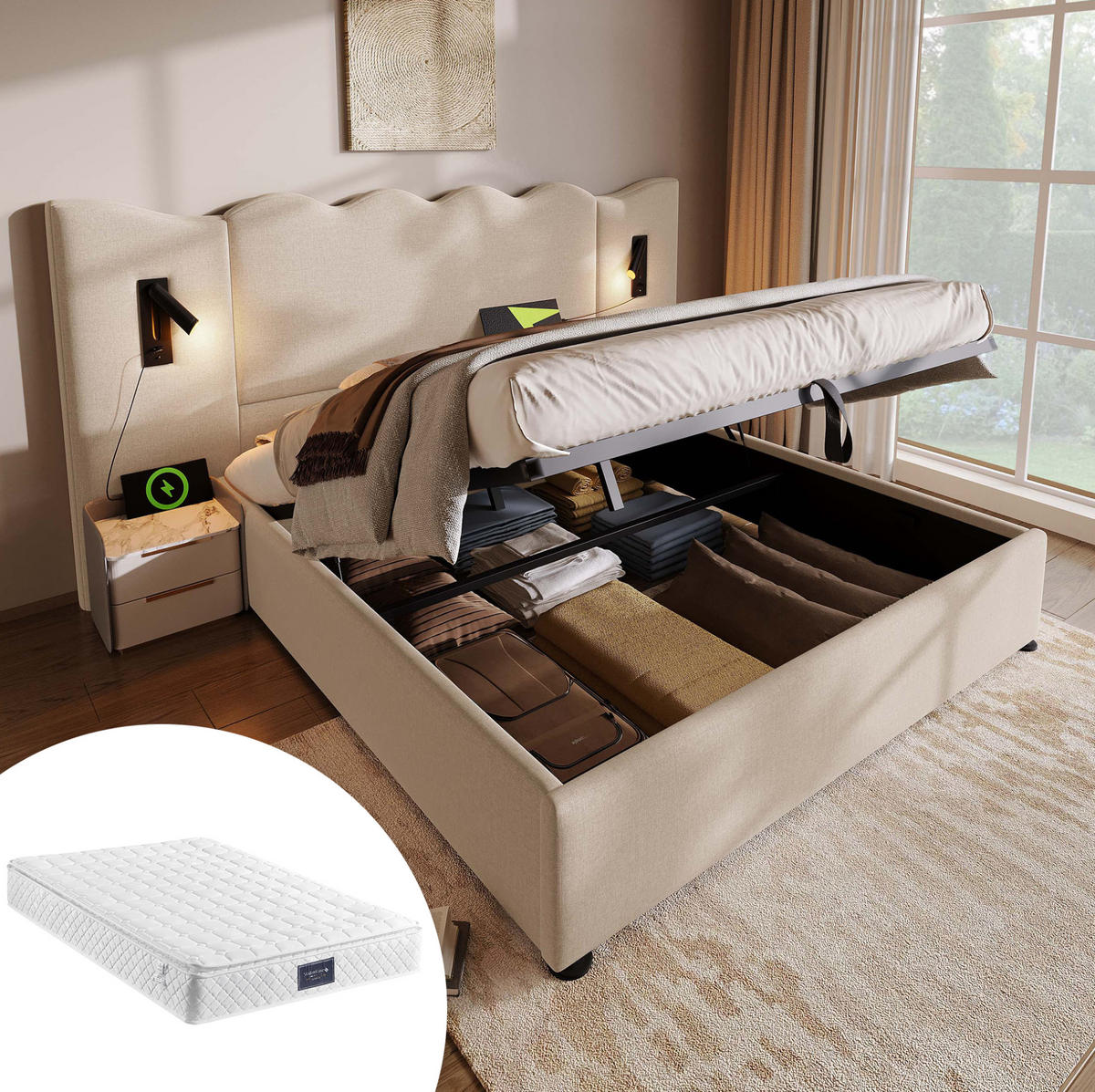 POLSTERBETT aus Leinen 160x200 cm Beige mit Stauraum, Leselampe, USB- und USB-C-Anschlüssen - Beige, Textil (160/200cm) - IVMEU