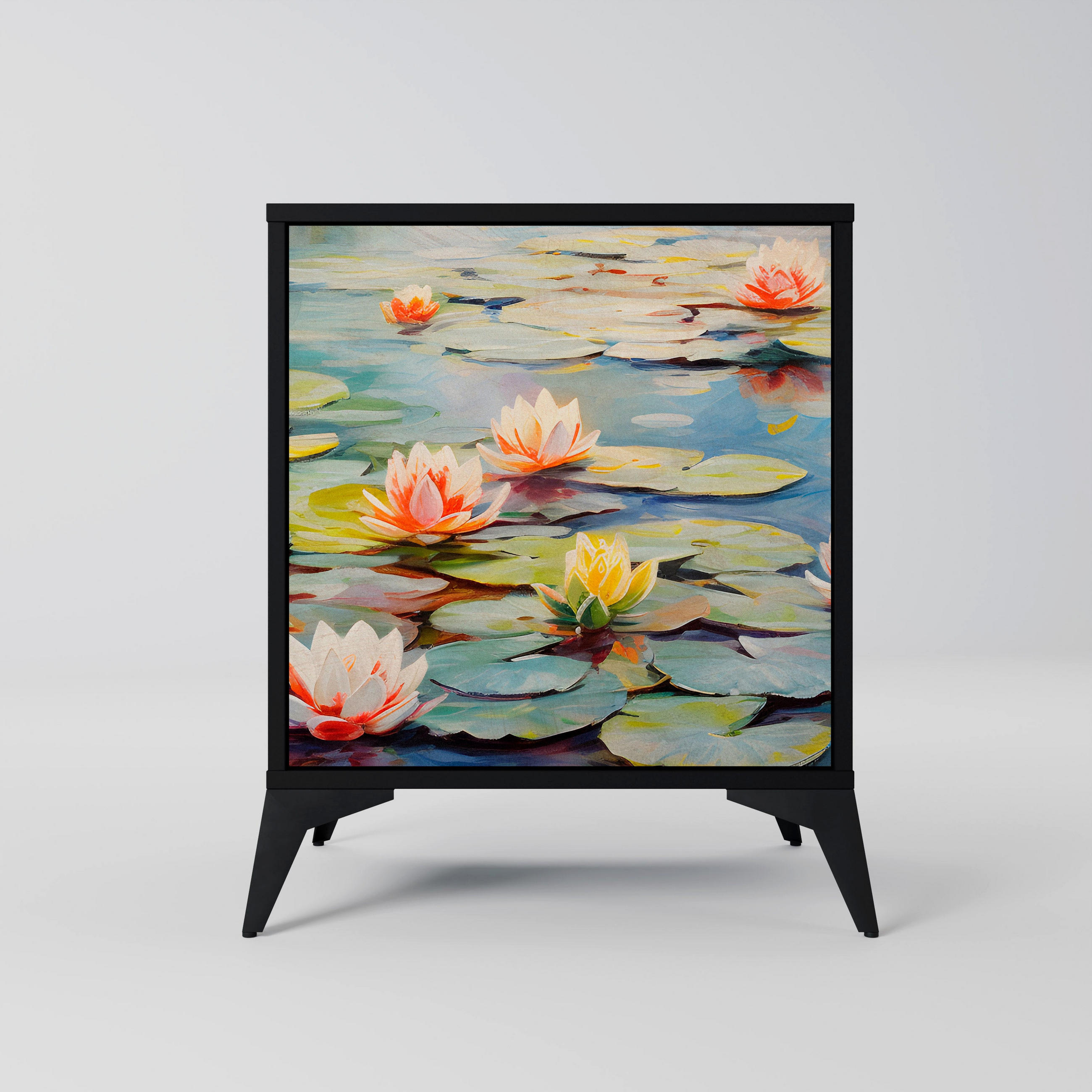 SIDEBOARD BLOOMING WATERS, Schwarz, 57,5x42x70,5 cm, Schwarze Metall-Sternfüße - Multicolor/Schwarz, Holzwerkstoff/Metall (57.5/70.5/42cm) - SpaceRebels