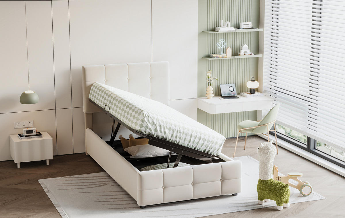 KINDERPOLSTERBETT 90/200 cm Beige aus Samtstoff mit Stauraum und höhenverstellbarem Kopfteil - Beige, Textil (90/200cm) - OKMYHOME