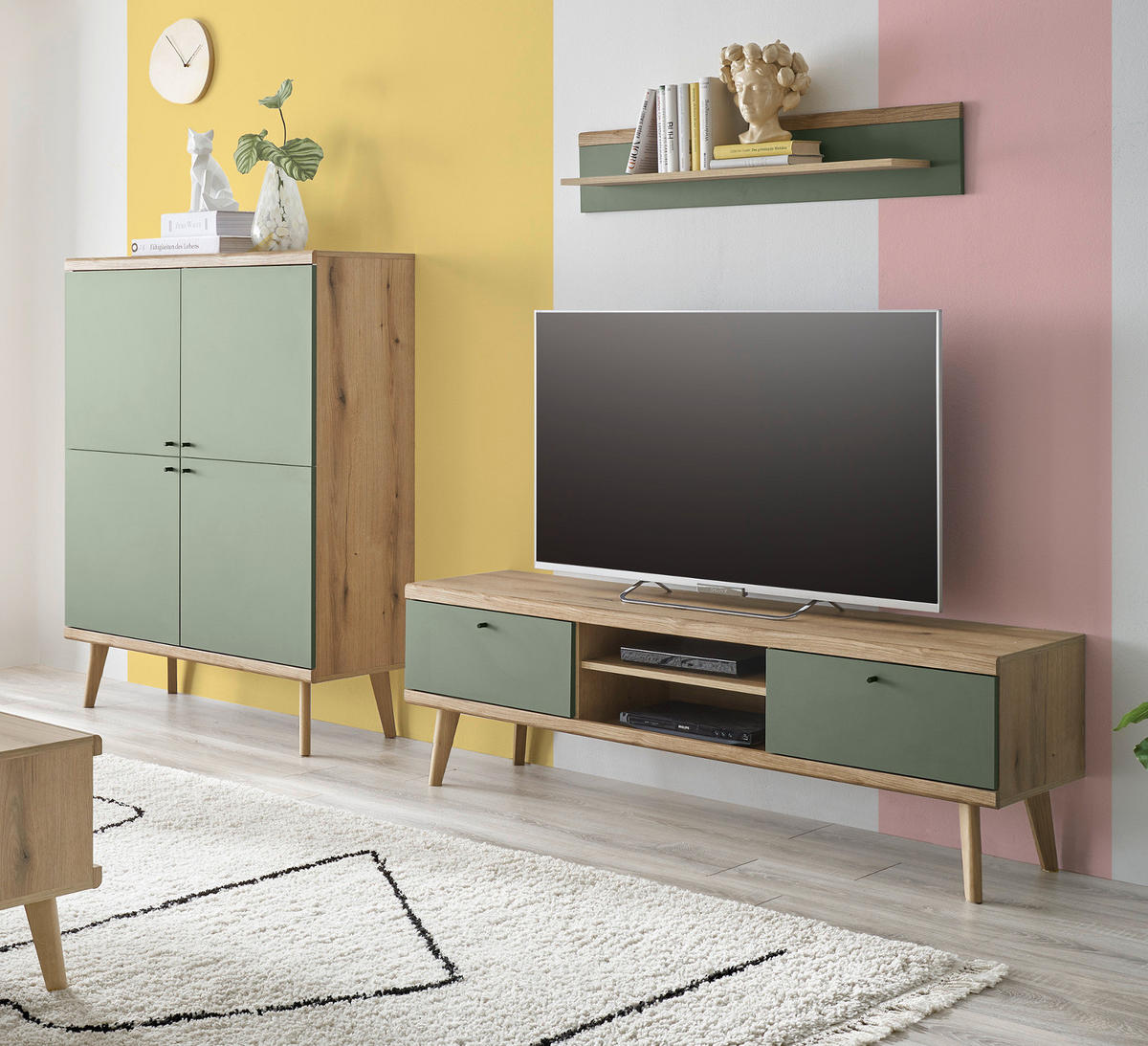WOHNWAND 3-teilig salbei grün, Eiche Evoke, skandinavisch 277 cm, Schrankwand mit Highboard - Salbeigrün/Eichefarben, Eichenholz/Holz (277/160/40cm) - Furn.Design