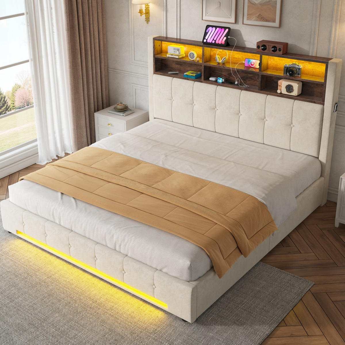 POSTEL 180/200 cm s LED osvětlením, USB-C, hydraulickým úložným prostorem a sametovým čelem s policemi, Béžová - béžová, kov (180/200cm) - Redom