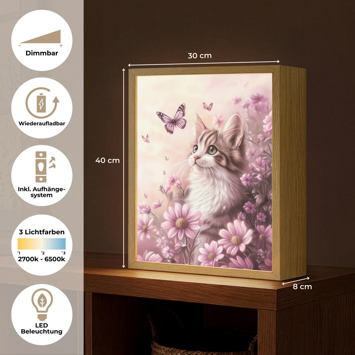 NÁSTĚNNÁ LAMPA S AKUMULÁTOREM Koťátko - Květiny - Motýli - Fialová 30x40 cm - starorůžová, kompozitní dřevo (30/40/8cm) - OnlyWow