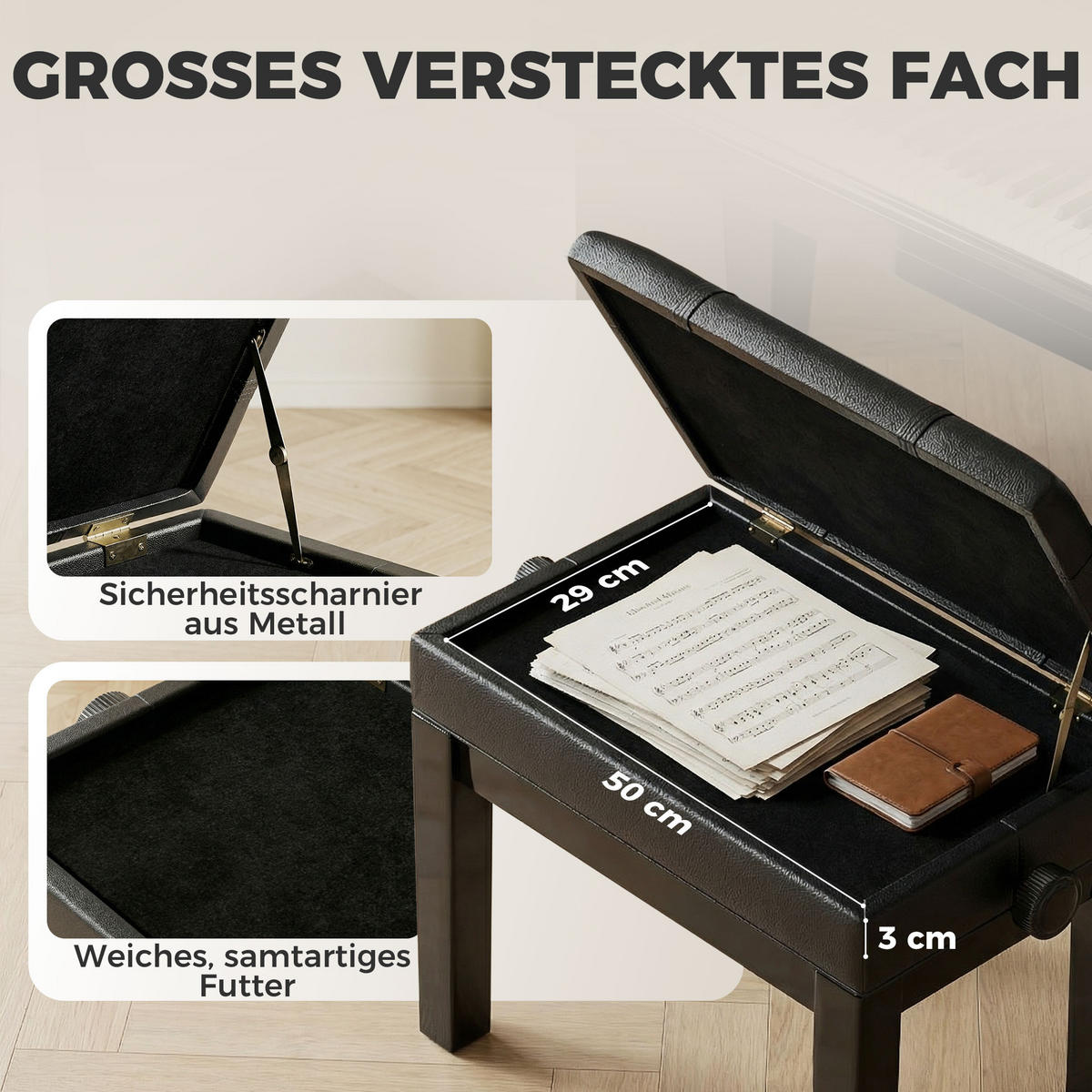 KLAVIERBANK DE-07238 mit verstecktem Stauraum und höhenverstellbar Schwarz - Schwarz, Holz (35/56/63cm) - ComfortXL