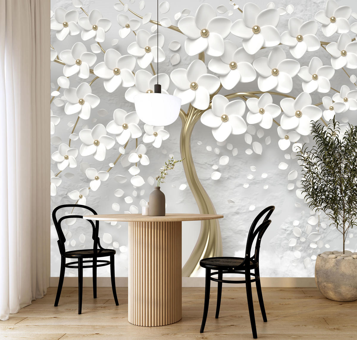 FOTOTAPETE für Schlafzimmer Perlmutt Blumen Abstract Baum 200x140 - Gelb/Goldfarben, Papier (200/140cm) - Muralo