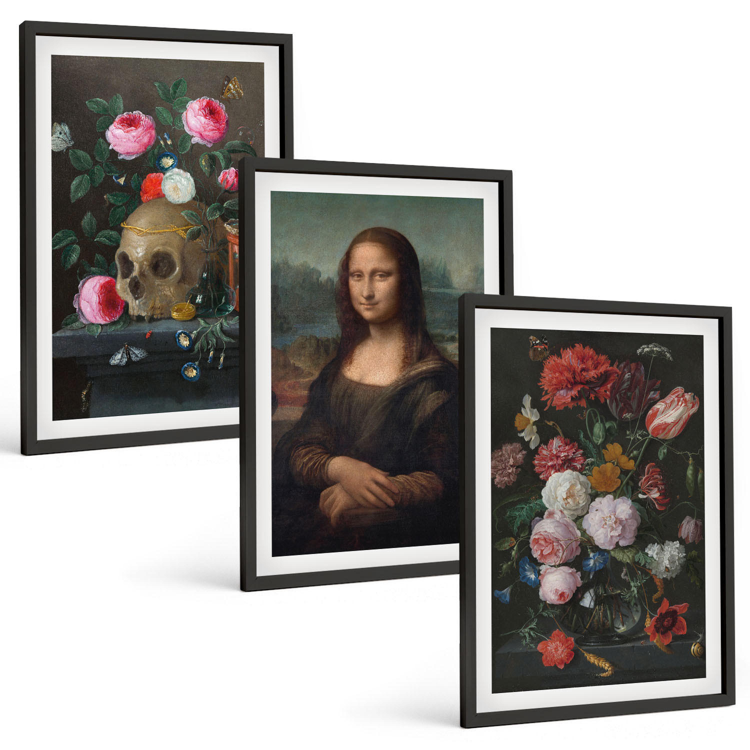BILDER SET 3er Set - 40x60 cm Schwarzer Rahmen - Blumenschädel-Porträt Mona Lisa - Schwarz, Kunststoff (40/60cm) - TULUP