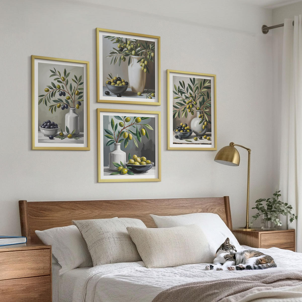 WANDBILDER 4er Set - 50x50 cm & 40x60 cm Goldrahmen - Oliven in Keramikgrau - Goldfarben, Kunststoff (50/50cm) - ArtPrintCave