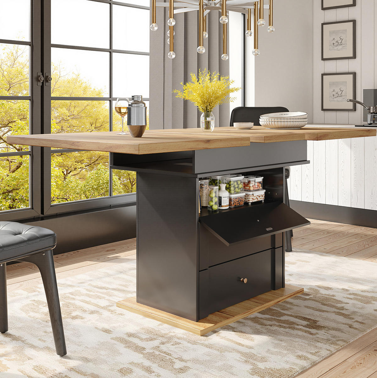 ESSTISCH Ausziehbarer aus MDF mit Stauraum & Klapptür, 110–140/80/75 cm, Schwarz/Natur - Schwarz, Holzwerkstoff (110/80/75cm) - Redom