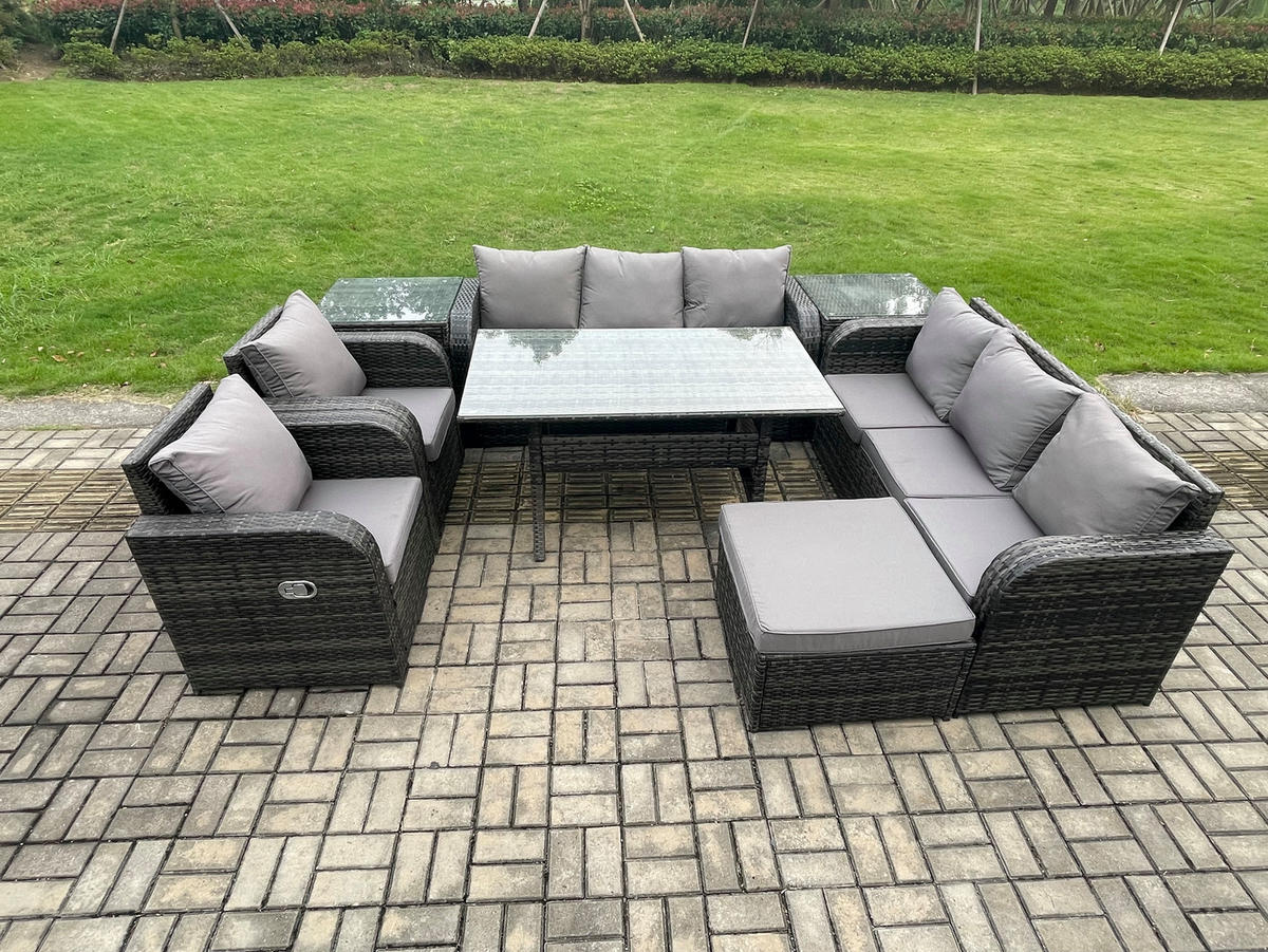 GARTENTISCHGRUPPE mit 2 Beistelltischen,Hocker Polyrattan Dunkelgrau 9-Sitzer - Dunkelgrau/Grau, Glas/Kunststoff - Fimous