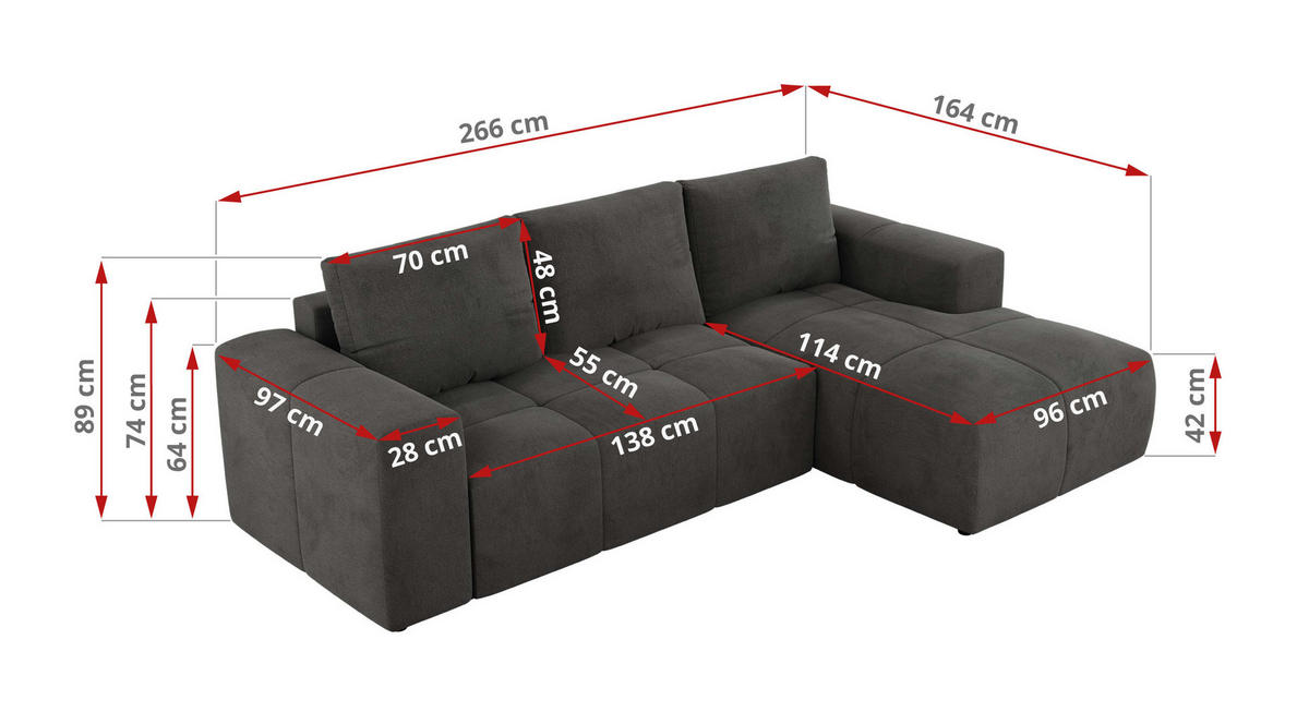 ECKSOFA MONIVA Dunkelgrau Velvet - Rechts - Dunkelgrau/Schwarz, Textil (266/164cm) - MKS