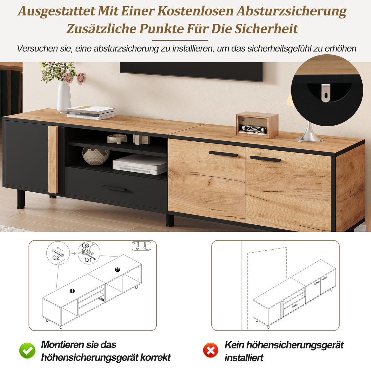 TV-LOWBOARD 180/32,5/50 cm mit 3 Türen, 1 Schublade und offenem Fach aus Spanplatte, Schwarz/Holzoptik - Schwarz, Holzwerkstoff (180/50/32.5cm) - Redom