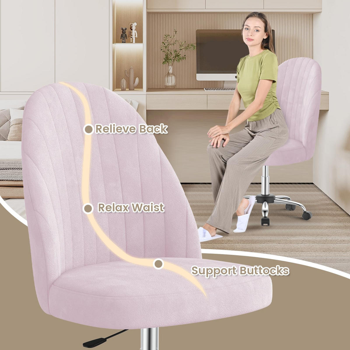 DREHSTUHL Rosa Samt ergonomisch drehbar - Pink, Metall (30/44.5/48.5cm) - Rattrix