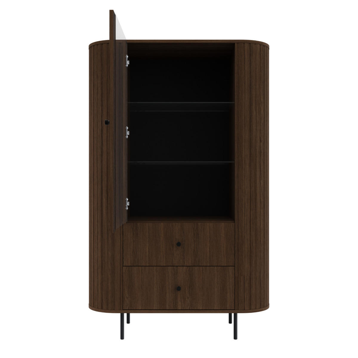 VITRINE Olivia 97 cm, mit Glastüren, 2 Schubladen und geriffeltem Design, dunkelbraun und schwarzfarbenen Metallfüßen - Dunkelbraun, Metall (97/155/43cm) - Margaret Hadas24