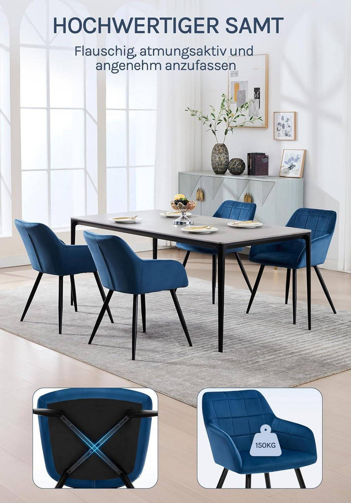 ESSZIMMERSTUHL 6er Set, Küchenstühle mit Armlehnen Metallbeinen - Blau/Schwarz, Textil/Metall (56/81/62cm) - Woltu