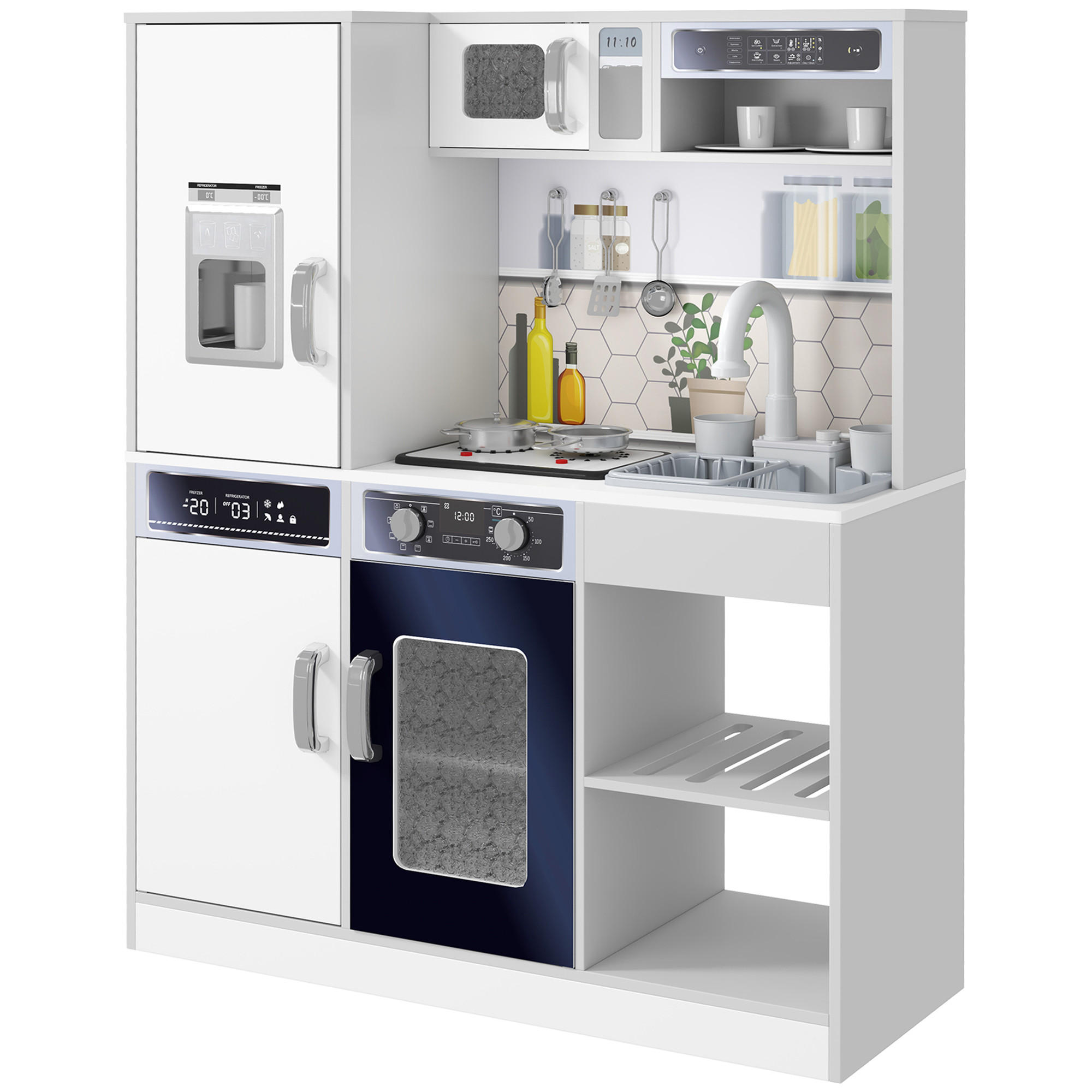 KINDERKÜCHE Spielküche mit Lichtern und Geräuschen Kochherd, fließendes Wasser - Weiß, Holzwerkstoff (80/29.7/100.9cm) - AIYAPLAY