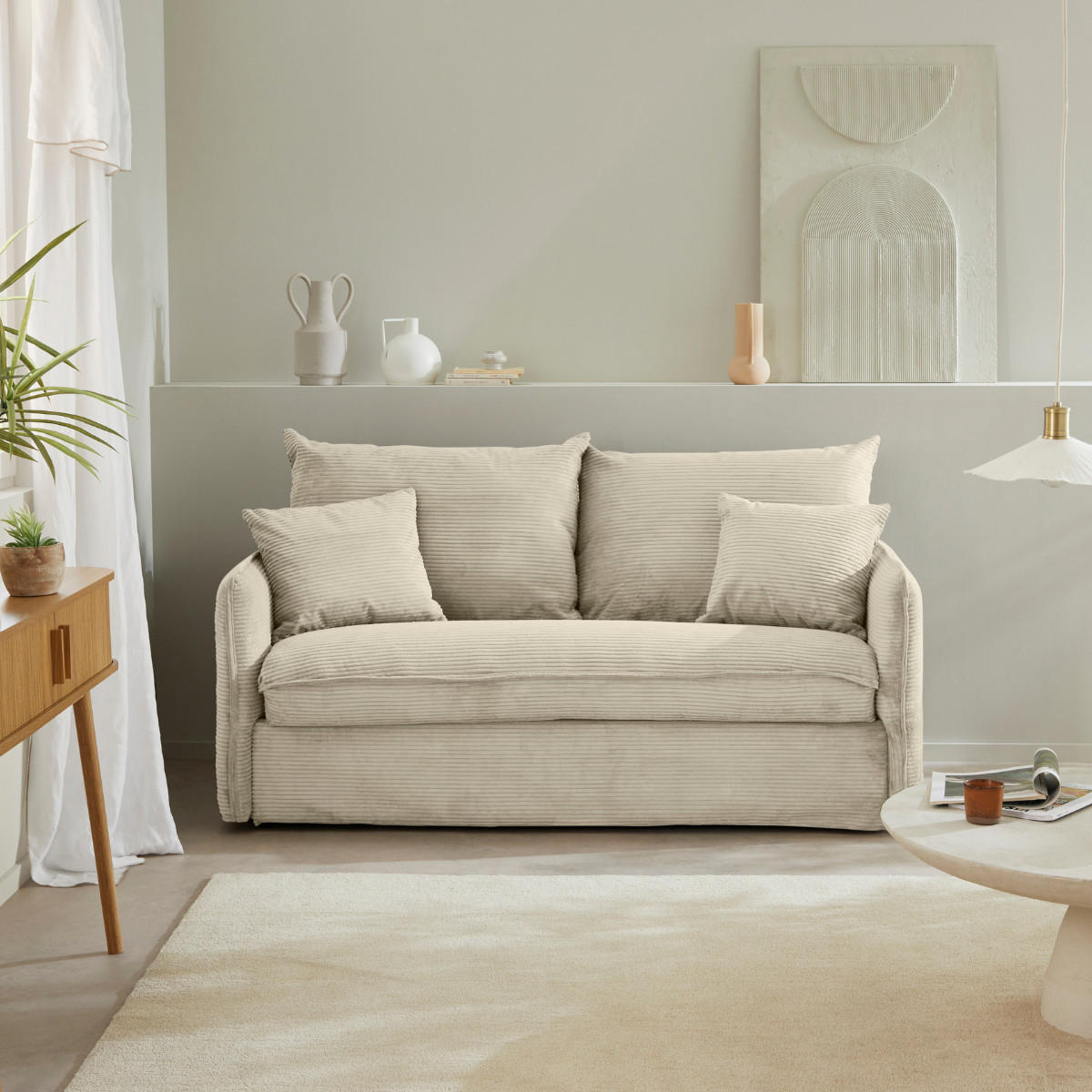 SCHLAFSOFA mit 3 Plätzen aus geripptem Samt, L185 cm - MIKA - Ecru, Textil (106/92/106cm) - Calicosy