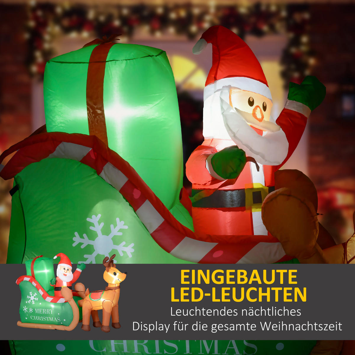 WEIHNACHTSMANN mit Schlitten & Rentier, aufblasbar, weiße LED-Beleuchtung, 210 x 80 x 140 cm - Multicolor, Kunststoff (80/140/210cm) - Outsunny