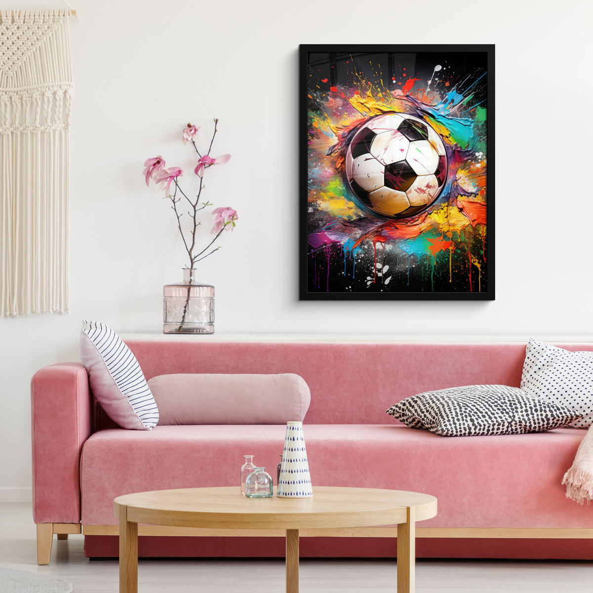 GERAHMTES BILD Fußball - Farbe - Farben - Schwarz - Weiß 60x80 cm - Weiß, Papier (60/80cm) - MuchoWow