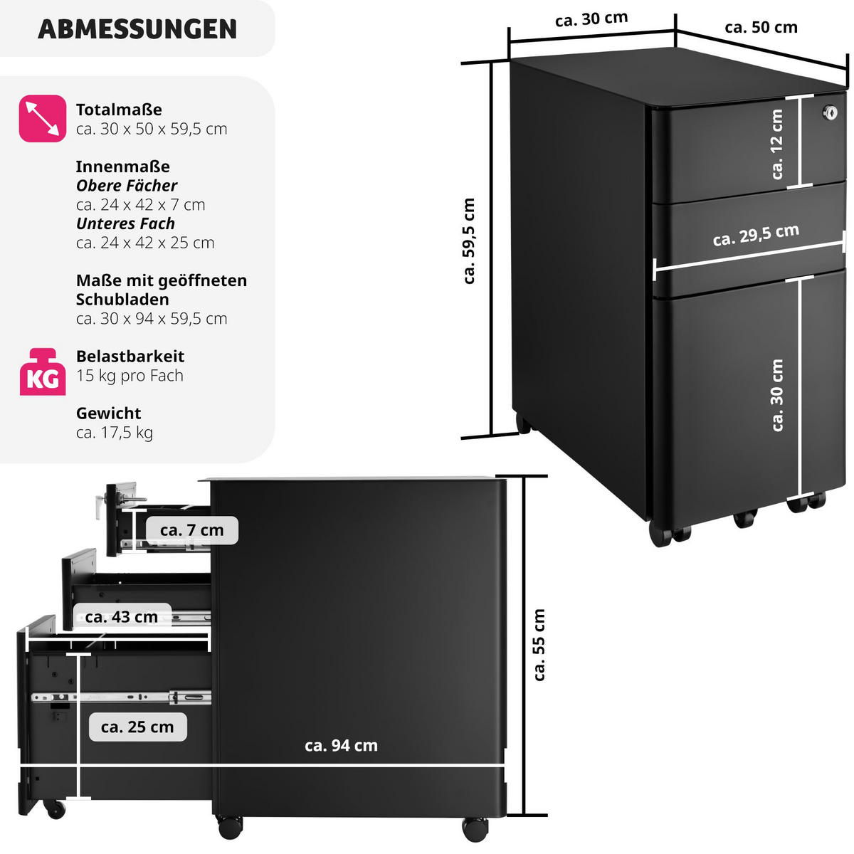 AKTENROLLSCHRANK Parvus,30 x 50 x 59,5 cm,schwarz - Schwarz, Textil (30/59.5/50cm) - tectake