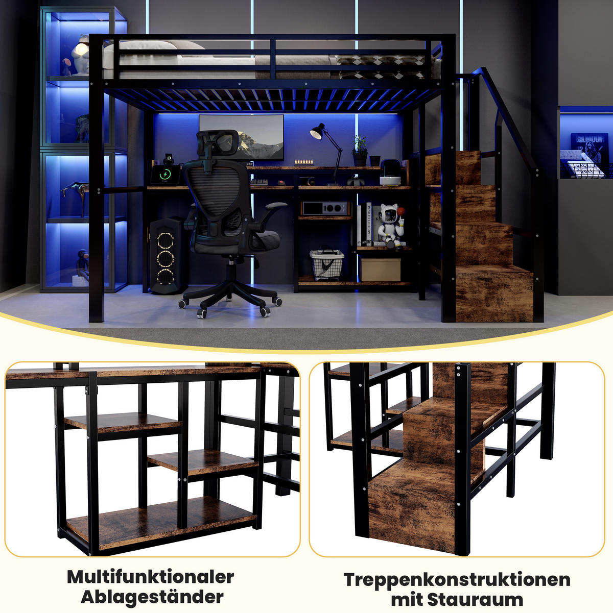 HOCHBETT Metall & MDF 140x200 cm Schwarz mit Leiterschrank, Ablagefach, LED-Lichtleiste & USB/Typ-C - Schwarz, Holzwerkstoff (140/200cm) - Modfu