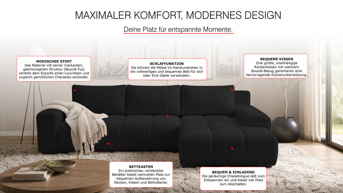ECKSOFA Ovia mit Bettkasten und Schlaffunktion, Bouclé-Stoff in L-Form - Schwarz, Textil (270/185cm)