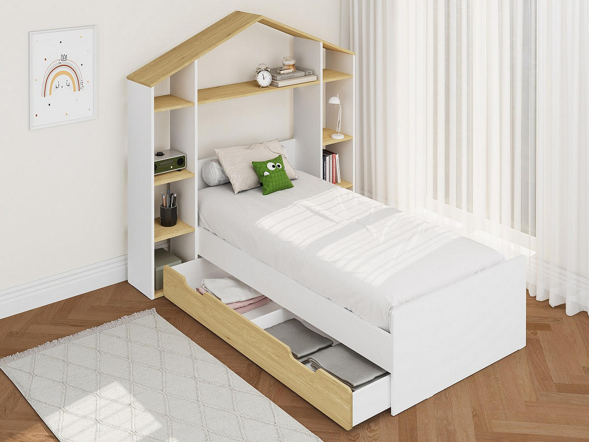 HAUSBETT - 1 Person - Holz, Platte - Naturfarben Hell, Weiß - - Naturfarben/Weiß, Holz (90/190cm) - Vente-Unique