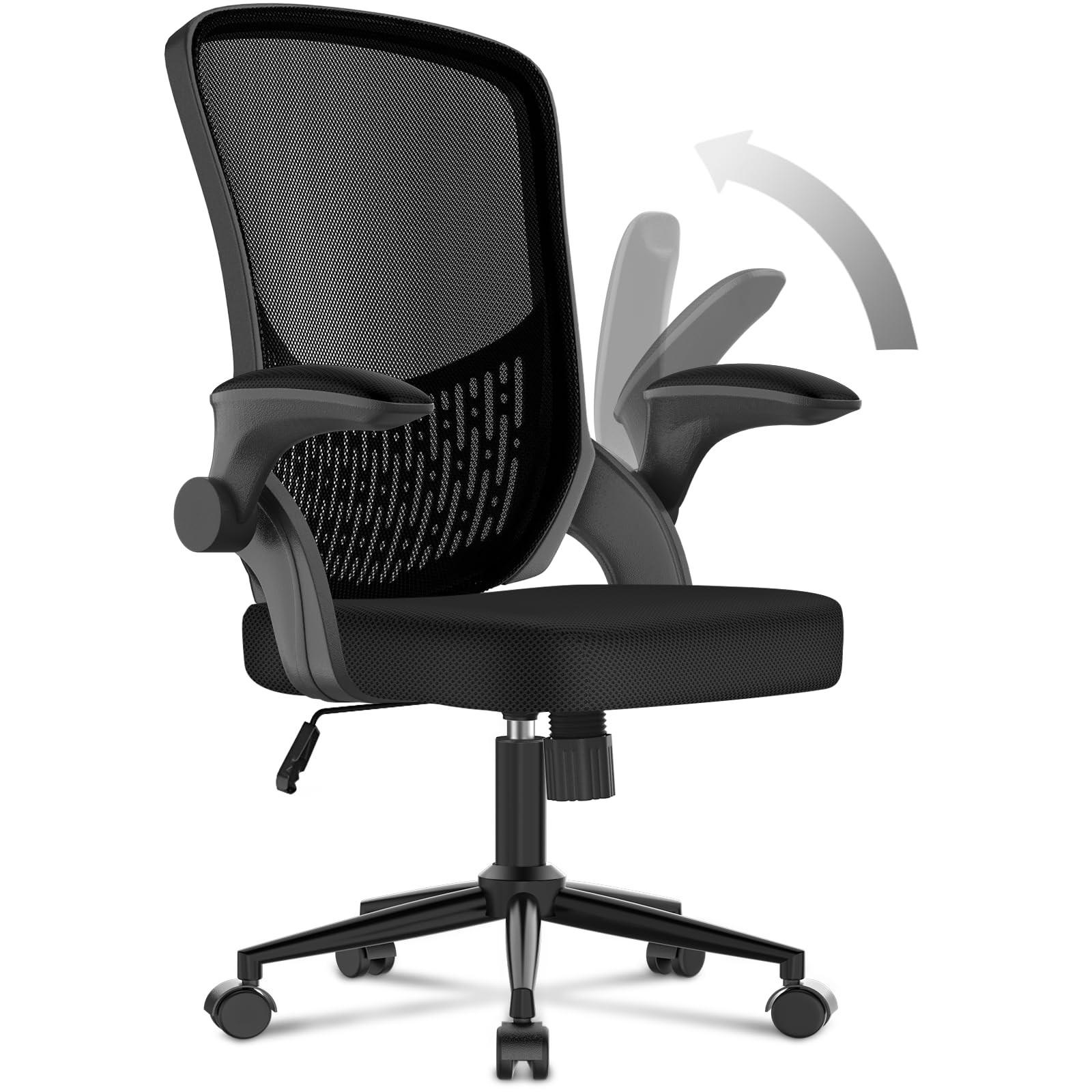 BÜROSTUHL ergonomisch, klappbare Armlehnen, mittelhohe Rückenlehne, Lendenstütze – Schwarz - Schwarz, Metall (60/100/60cm) - Rattantree