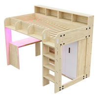 HOCHBETT Naturfarben aus Holzwerkstoff als Hochbett mit Schreibtisch, Kleiderschrank, LED-Beleuchtung und Steckdose - Naturfarben, Holzwerkstoff (90/200cm) - Luhomfu